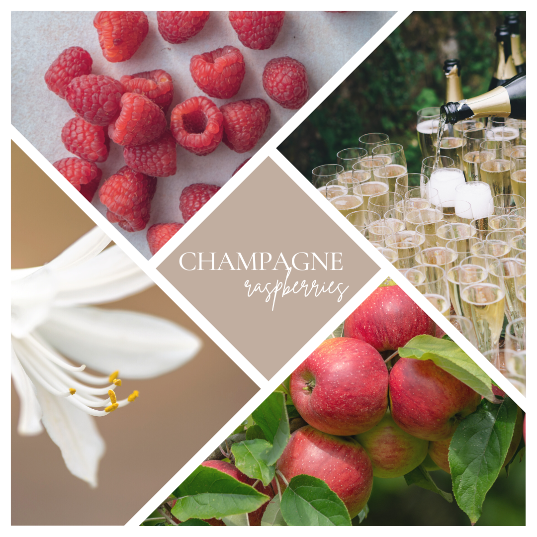 a scent card with apples, raspberries, a white little flower and champagne being poured into glass flutes