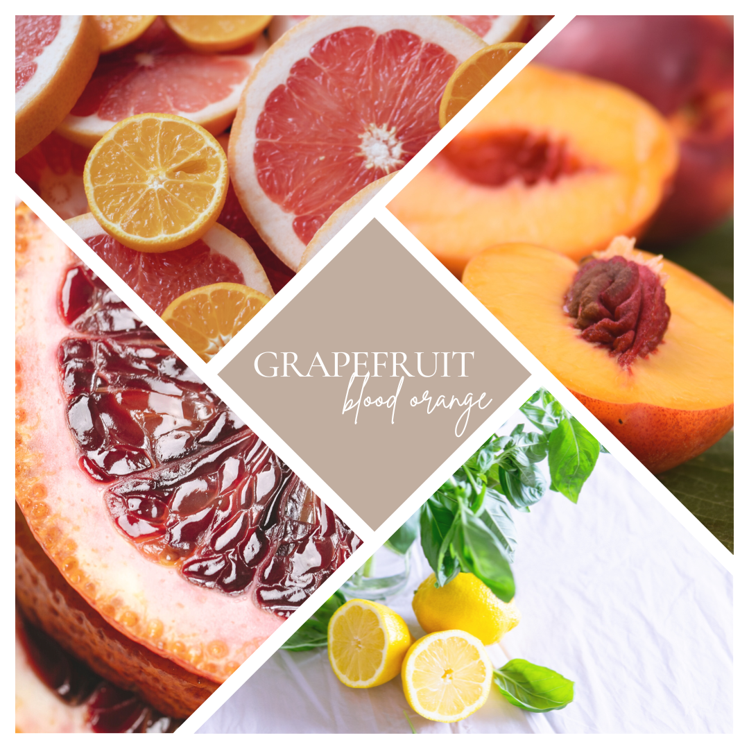 a scent note card with sliced grapefruits, a halved peach, a blood orange and two lemons.