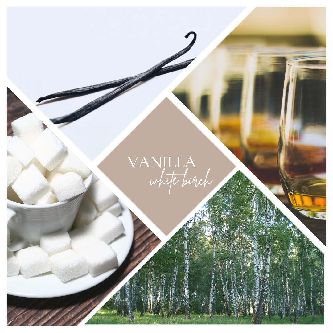 a scent card with trees, white sugar cubes, two sticks of vanilla and four glasses of bourbon
